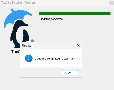 TuxCare Installer Progress screen with the Updating completed successfully message