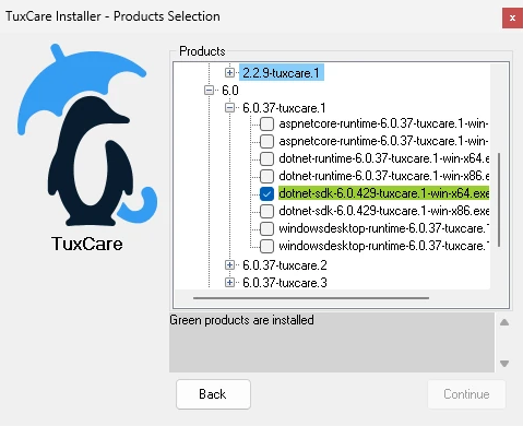 TuxCare Installer Products Selection with the installed dotnet-sdk-6.0.429-tuxcare.1-win-x64.exe highlighted in green