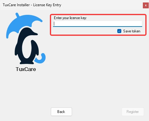 TuxCare Installer prompting for a license key, with the Save token checkbox ticked