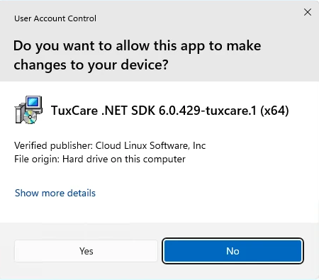 Windows User Account Control prompt asking to allow TuxCare .NET SDK 6.0.429-tuxcare.1 (x64) to make changes, verified publisher Cloud Linux Software, Inc