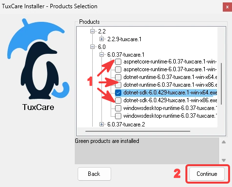 TuxCare Installer Products Selection listing the .NET 6.0.37-tuxcare.1 installers with a checkbox beside each, dotnet-sdk-6.0.429-tuxcare.1-win-x64.exe ticked
