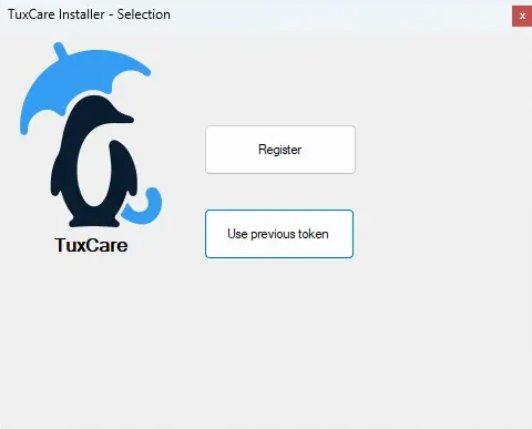 TuxCare Installer selection window with the Register and Use previous token buttons